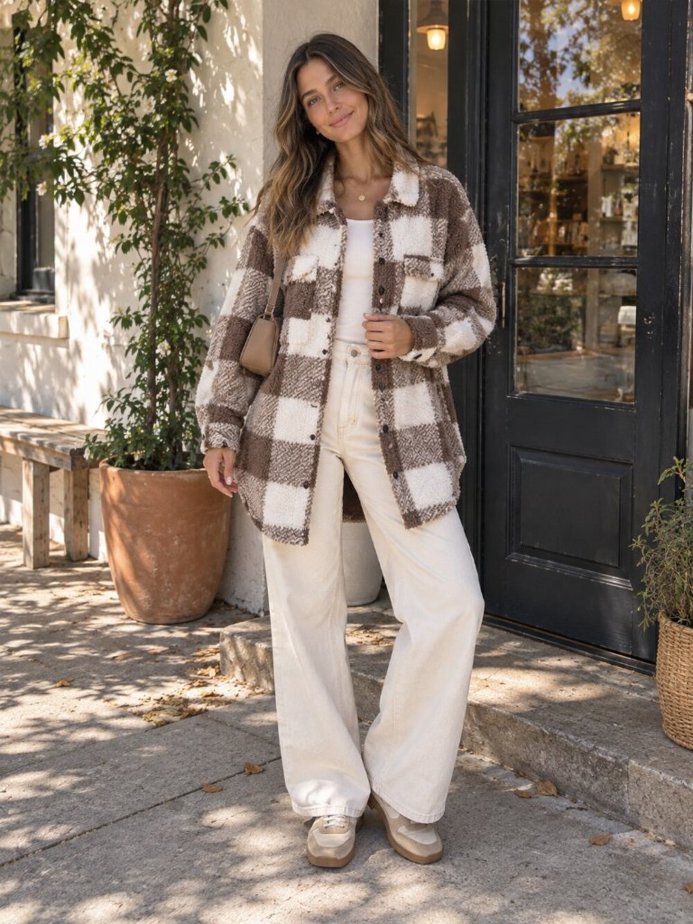 Miss Sparkling Brown Plaid Sherpa Shacket Oversized Longline Teddy Fleece Jacket